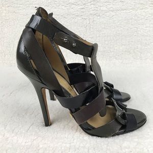L.A.M.B Dark Green & Brown Strappy Little Leather Stiletto High Heels 7.5